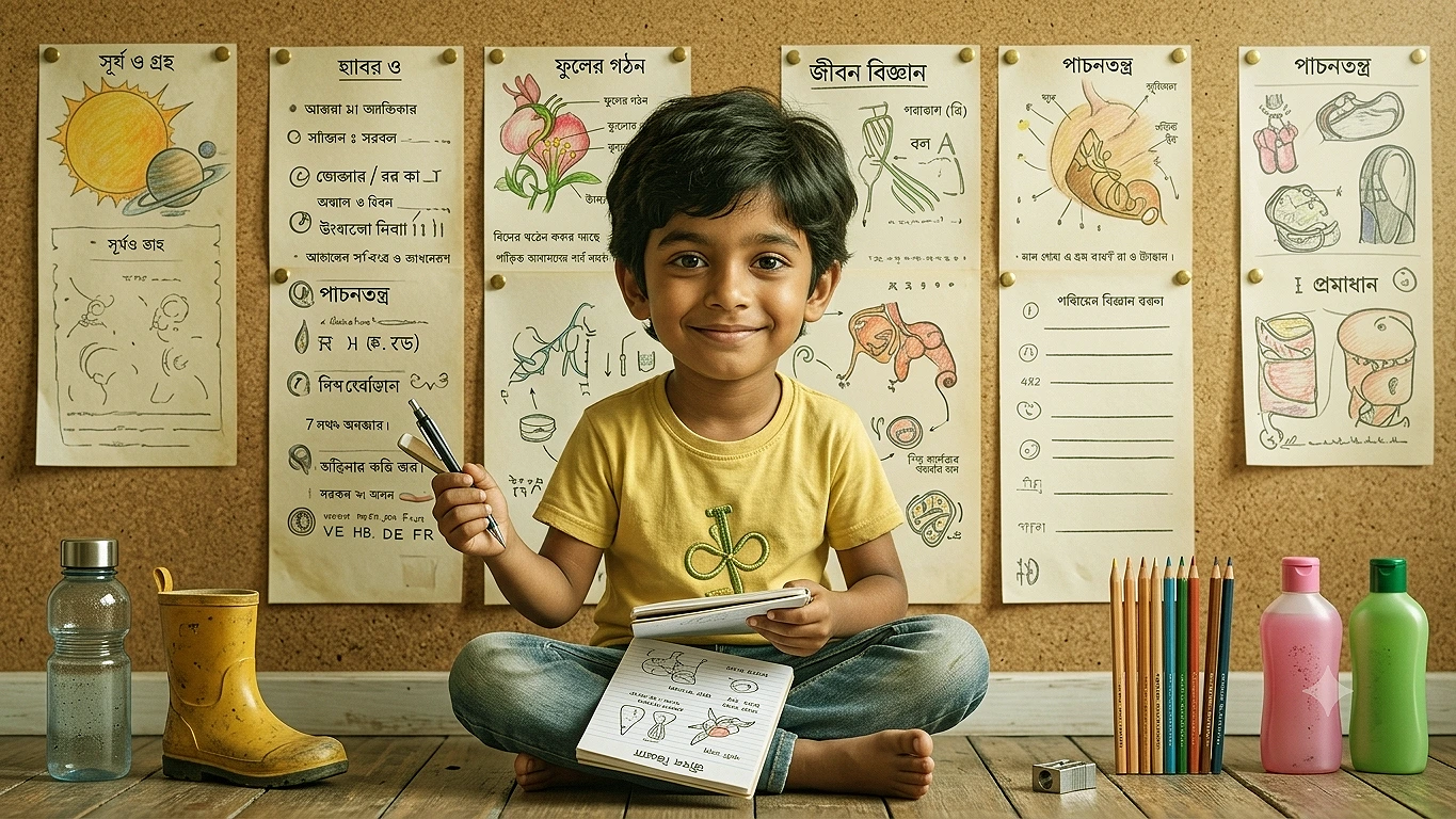 দেয়ালে ঝোলানো রঙিন ছবির চেকলিস্ট, যেখানে একটি শিশু নিজের হাতে কাজের পাশে তারা আঁকছে