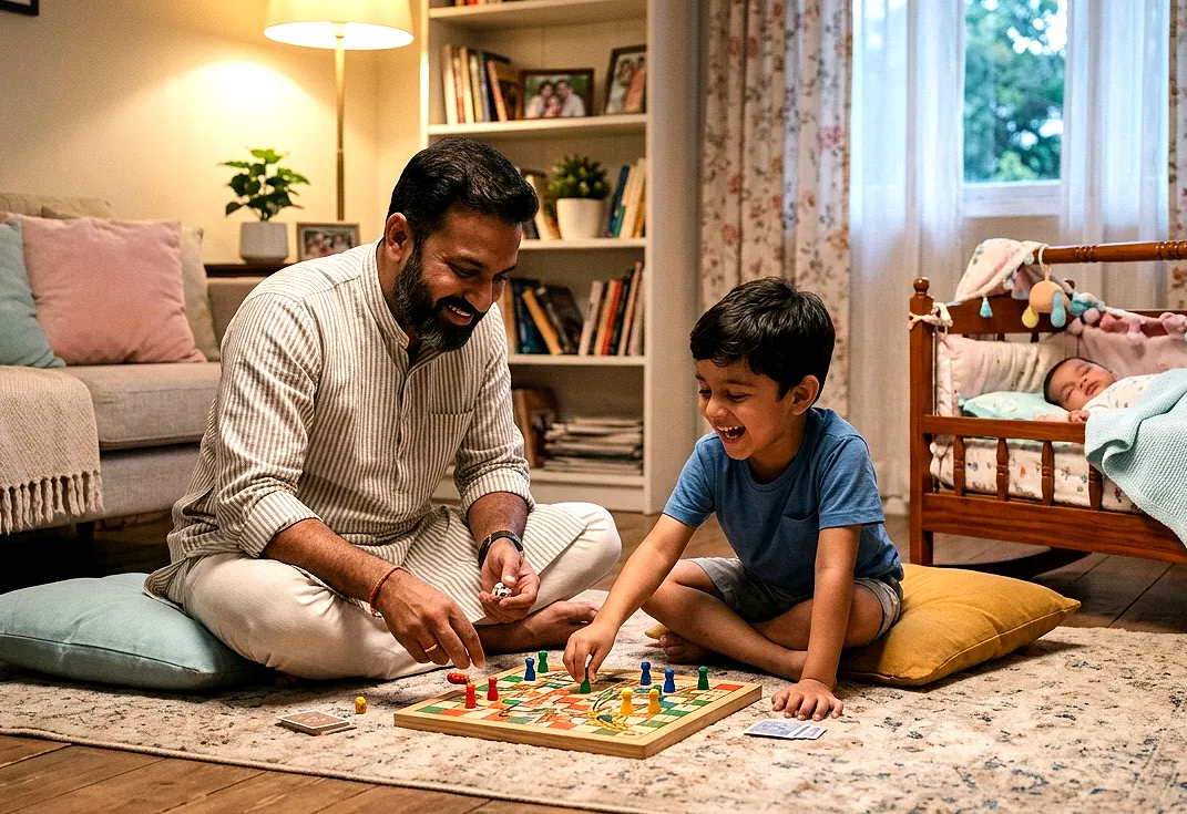বাবার সঙ্গে মেঝেতে বসে খেলছে বড় সন্তান, পাশে ঘুমন্ত নবজাতক