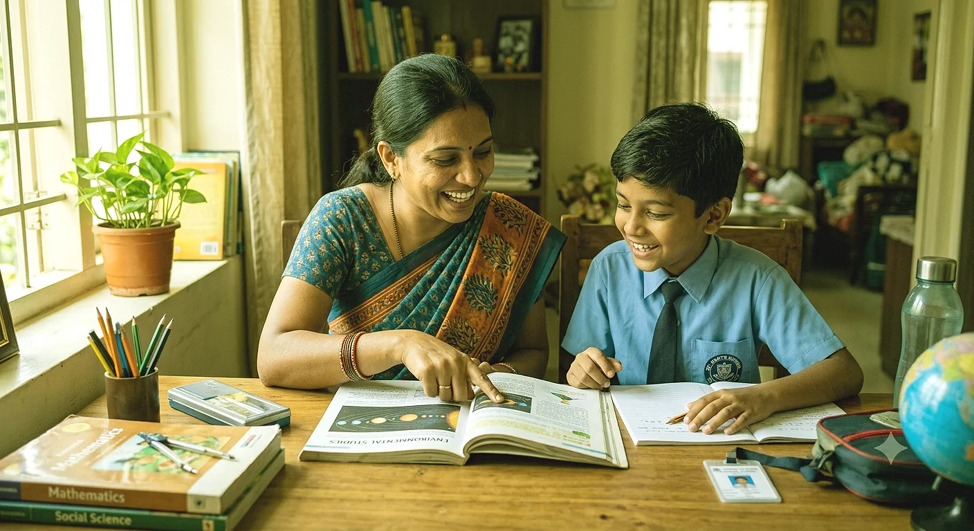 ভারতীয় পরিবারের ঘরে মা ও স্কুলপড়ুয়া সন্তান পাশাপাশি বসে বই দেখে হাসিমুখে কথা বলছে, পড়ায় আগ্রহ তৈরির পরিবেশ