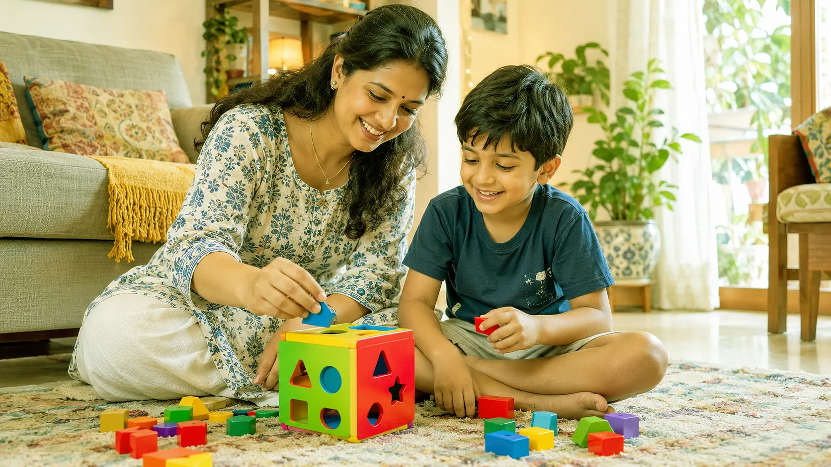 বাবা-মা ও শিশু একসাথে ঘরের ভেতর ব্রেন গেম খেলছে