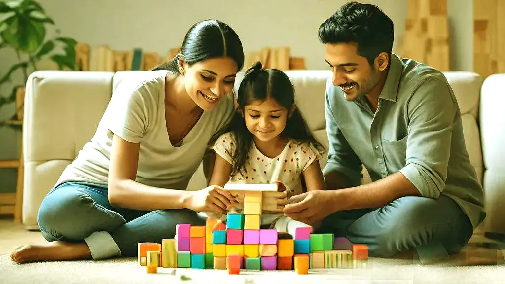 মা ও ছোট শিশু একসঙ্গে বসে সীমিত সময়ের জন্য ট্যাবলেটে ছবি দেখছেন