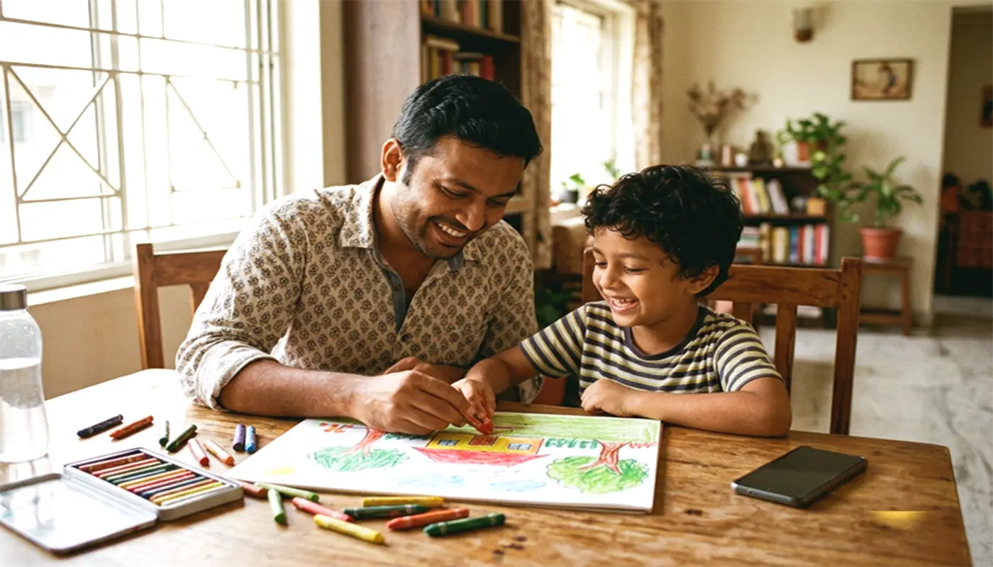 বাবা সন্তানকে নিয়ে ছবি আঁকছেন মোবাইল টেবিলে উল্টো করে রাখা