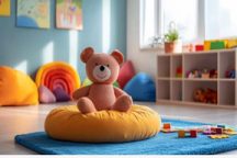 A soft toy in a play therapy room, surrounded by warm and calming décor and toys .